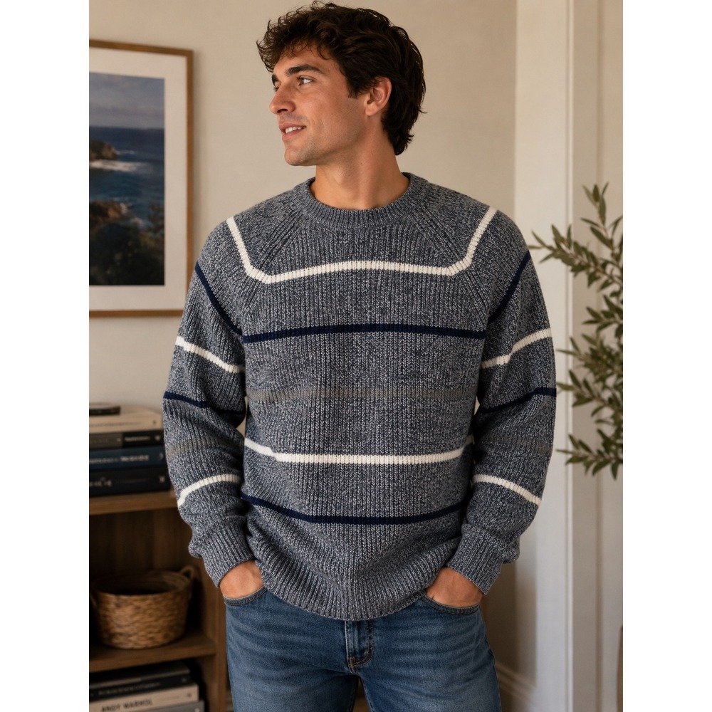 Oakton Limited Mens XL Vintage Marled‎ Knit Striped Crewneck Sweater Grey Navy